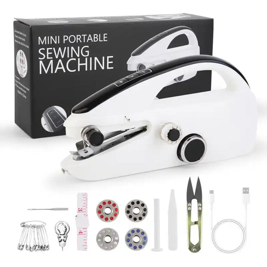 Mini portable sewing machine with accessories on a white background