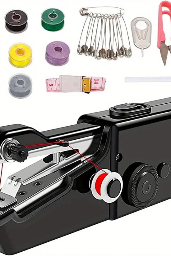 Black handheld sewing machine with accessories on a white background