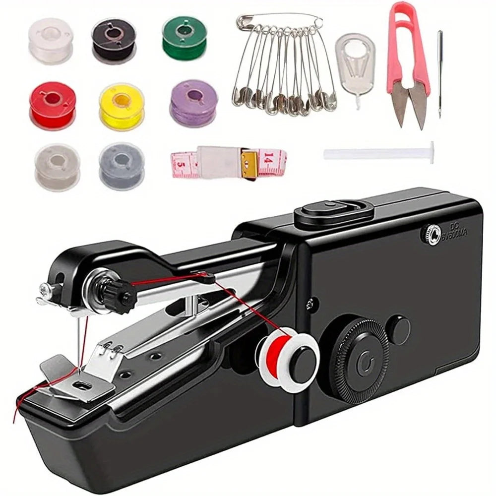 Black handheld sewing machine with accessories on a white background