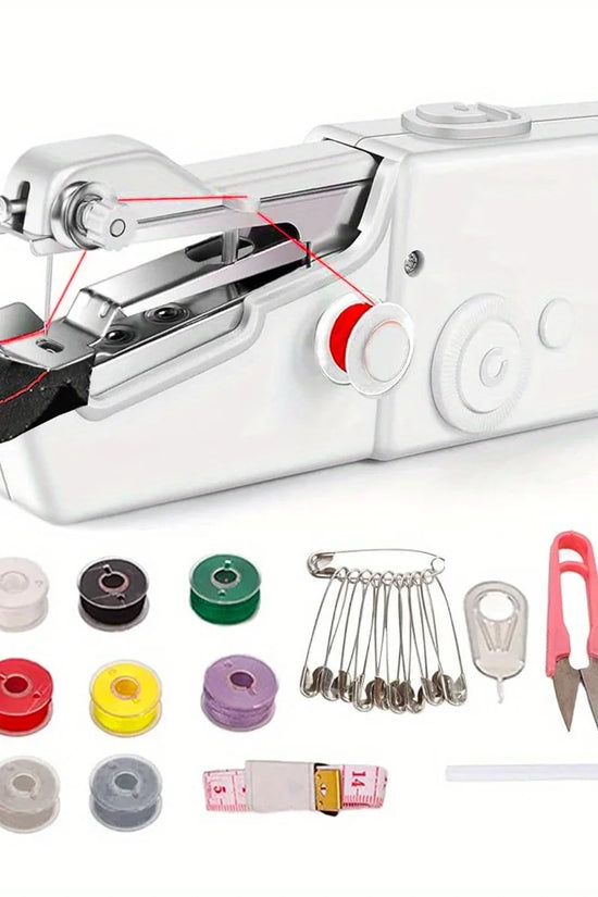 Handheld sewing machine with accessories on a white background