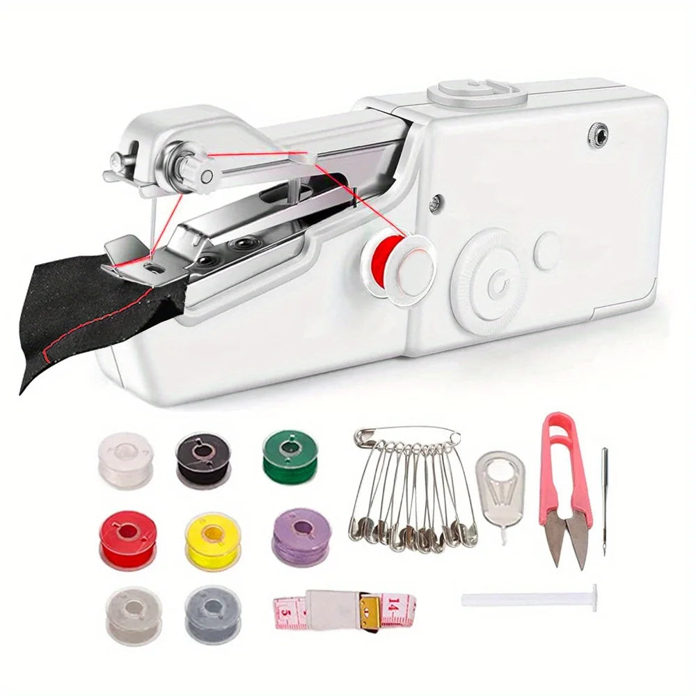 Handheld sewing machine with accessories on a white background
