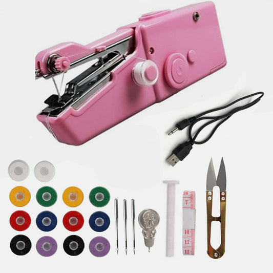 Pink handheld sewing machine with accessories on a white background