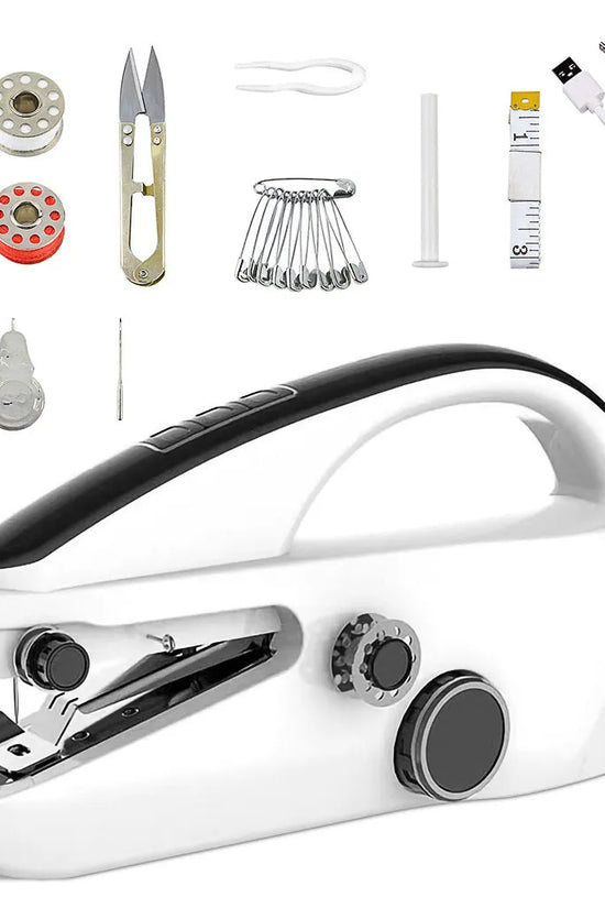 White handheld sewing machine with accessories on a white background