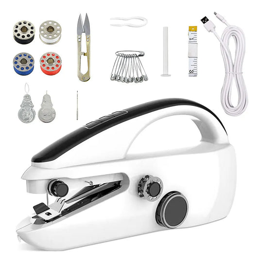 White handheld sewing machine with accessories on a white background