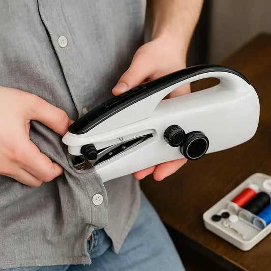 Person using a white and black handysew on a shirt with a wooden surface and tools in the background.