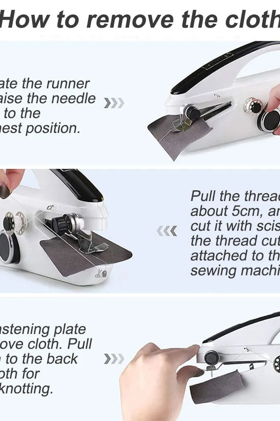 Instructions on how to remove a cloth from a sewing machine with text and images.
