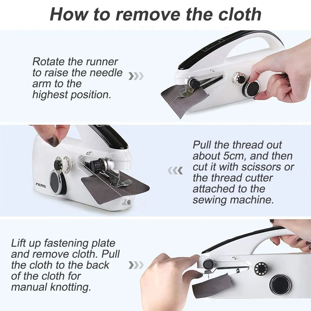 Instructions on how to remove a cloth from a sewing machine with text and images.