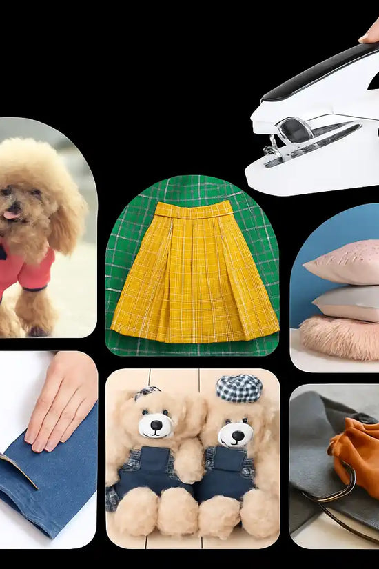 Collage of various products including a dog in a pink sweater, a yellow skirt on green fabric, a white sewing machine, and other items.