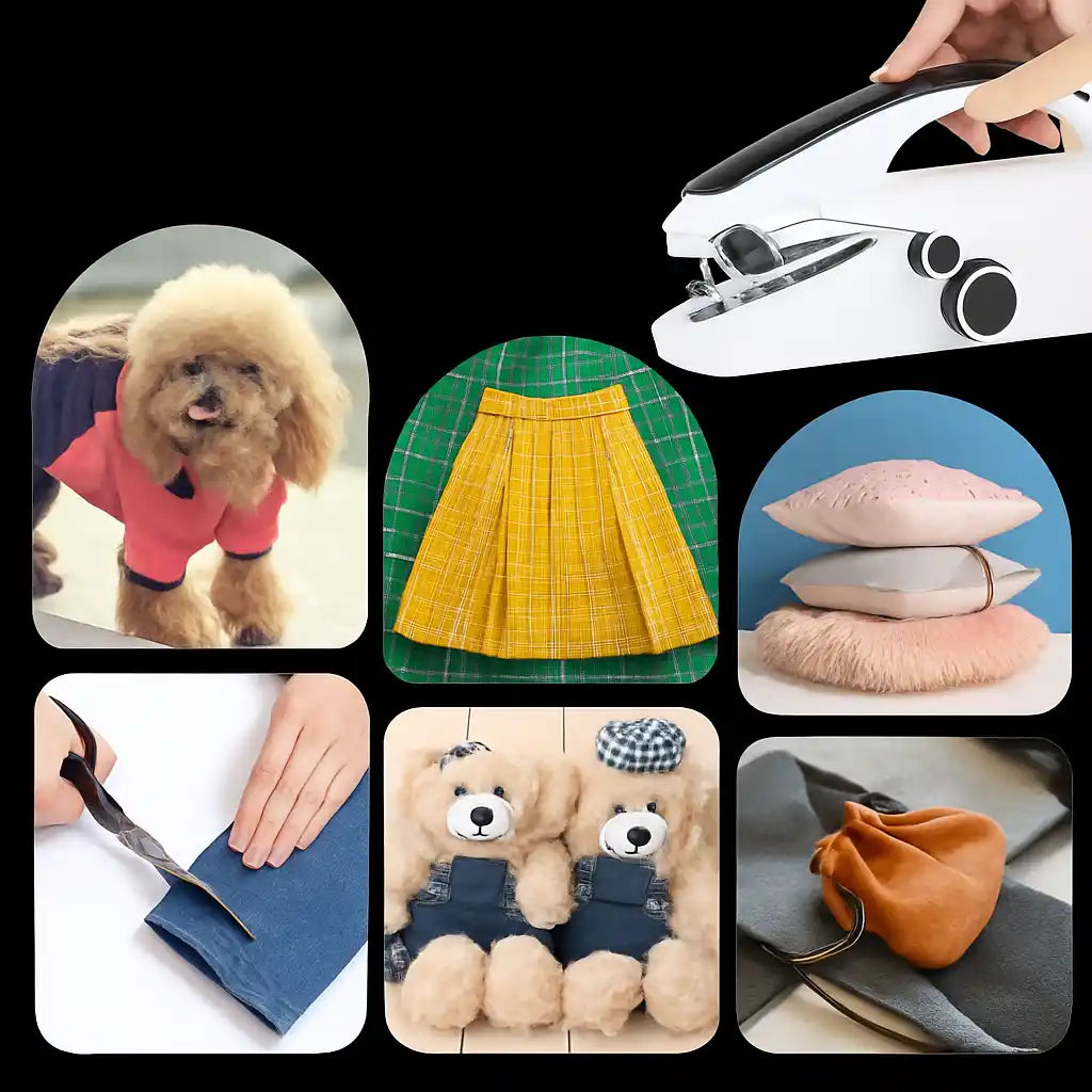 Collage of various products including a dog in a pink sweater, a yellow skirt on green fabric, a white sewing machine, and other items.