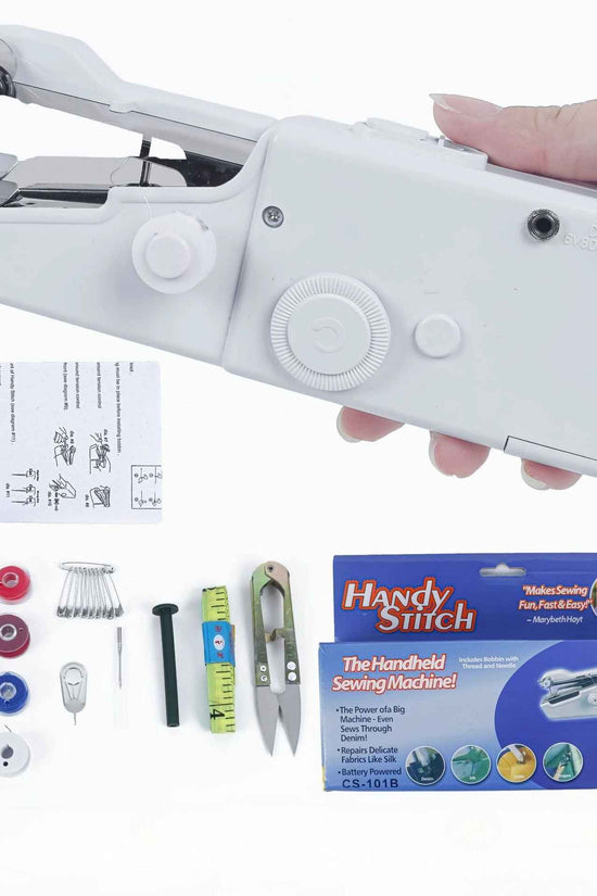 Handheld sewing machine with accessories and packaging on a white background